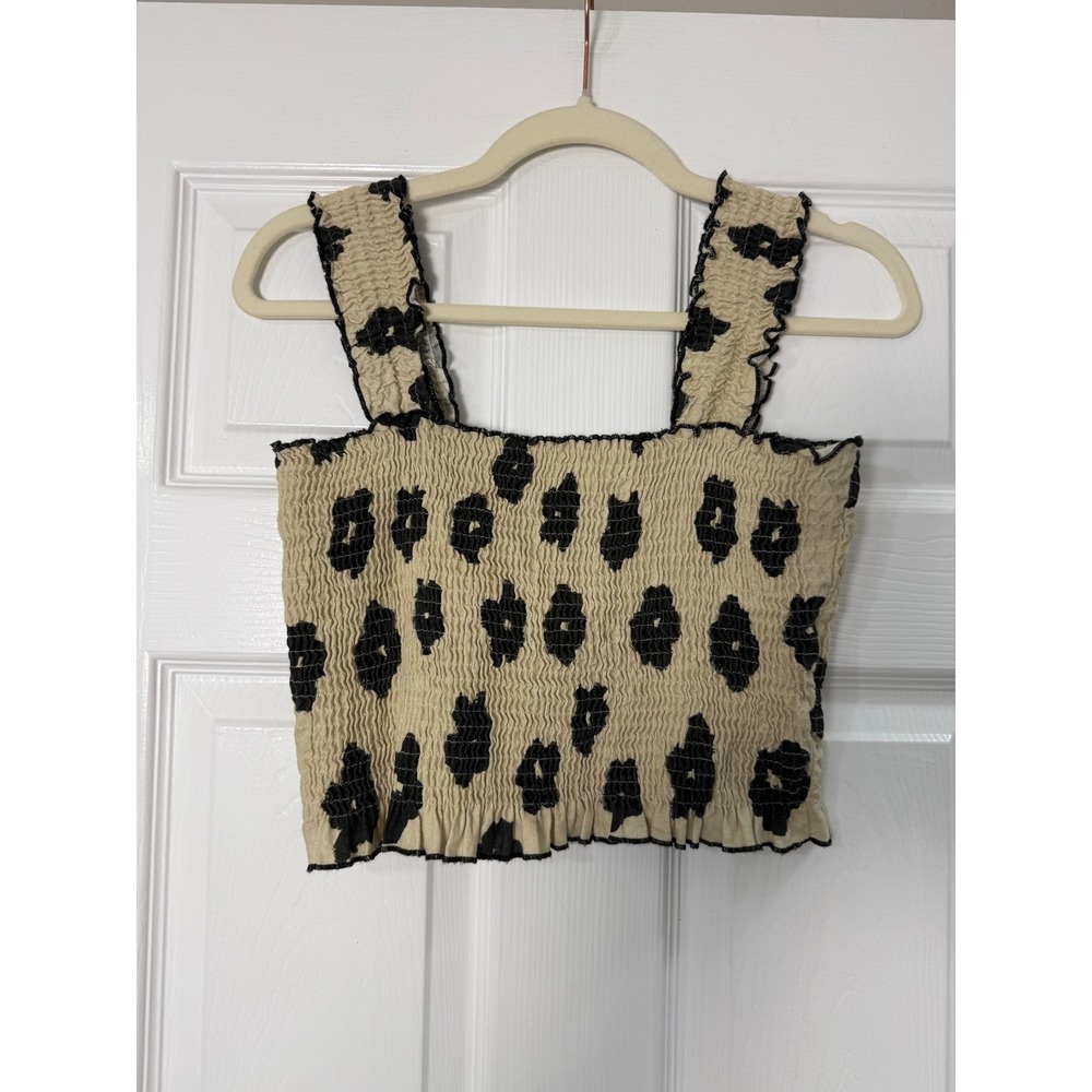 Rita Row Katherine Tank Top Smocked Size Sm Cream Black Excellent Linen Blend - Picture 2 of 7